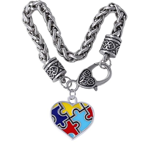 

charm bracelets exquisite enamel heart-shaped metal autism puzzle wheat chain bracelet for autistic gift jewelry bangle, Golden;silver