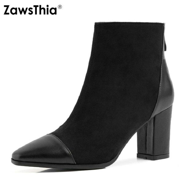 

boots zawsthia 2021 winter spring woman block high heels shoes pointed toe classic office ladies pumps female ankle, Black