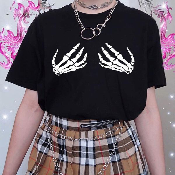 

women's t-shirt gothic women dark hand skeleton printing casual short-sleeved mujer clothes punk harajuku vintage skull summer female t, White
