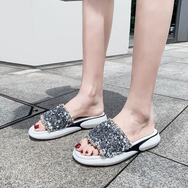 

slippers ymechic black white silver fashion bling glitter womens outdoor female womans shoes summer 2021 platform women slides