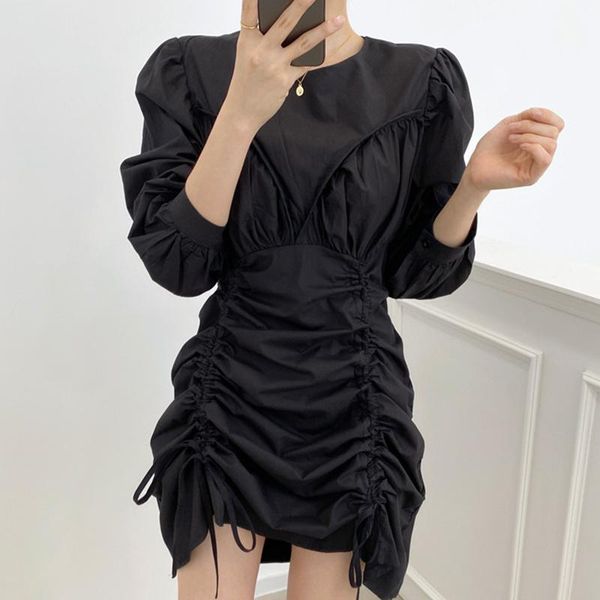 

casual dresses woman dress 2021 korean fashion elegant wild o neck pleated design irregular drawstring puff sleeve short vestidos, Black;gray