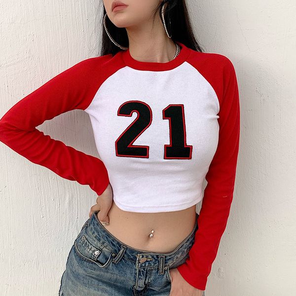 

shestyle white number 21 panelled round neck long sleeve crop women 2021 autumn streetwear casual t shirts ladiesby air, Black;white