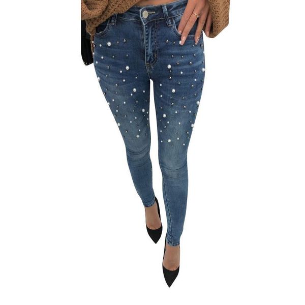 

women's pants & capris women stretch denim pencil casual slim fit pearl jeans autumn long trousers high waist zipper ws5651v, Black;white