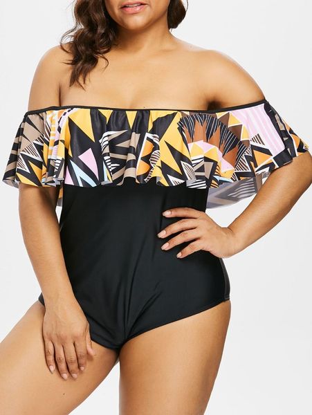 

one-piece suits plus size flounce off the shoulder swimsuit