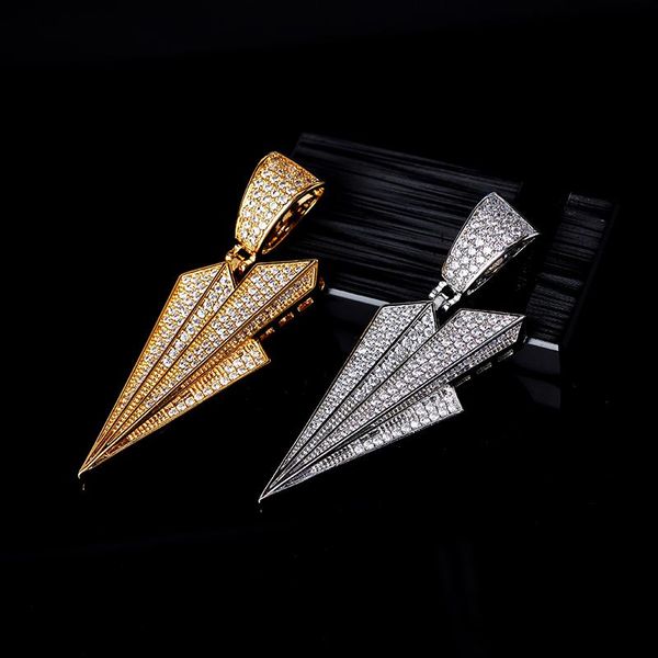 

charms men hip hop fashion full rhinestone paper airplane pendant necklace sparkling out stainless steel gold, Bronze;silver