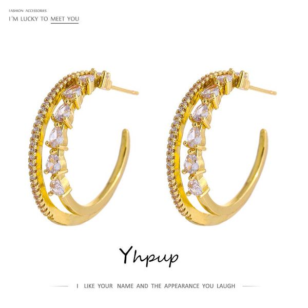 

stud yhpup exquisite shiny cubic zirconia geometric earrings women gold metal copper fashion jewelry bijoux ete 2021, Golden;silver