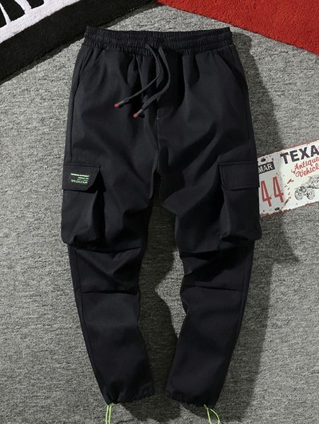 

men patched drawstring cargo pants d5q1#, Black
