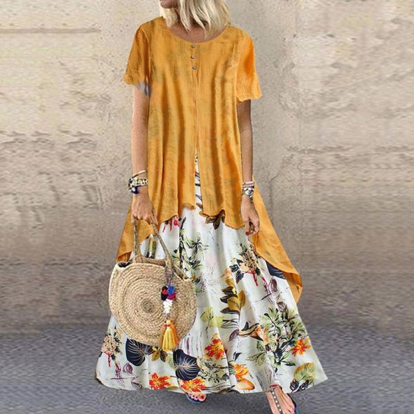 

ethnic clothing floral yellow dress woman elegant long short sleeve fake two female dresses loose maxi vestidos temperament beach sukienka, Red