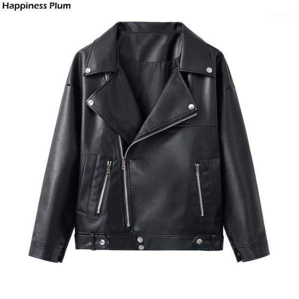

loose pu faux leather jacket women classic moto biker autumn winter lady basic coat plus size outerwear women's &, Black