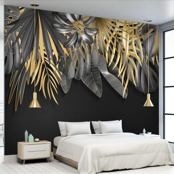 

wallpapers custom large 3d wallpaper mural simple hand-painted tropical plant golden leaves background wall decoration painting