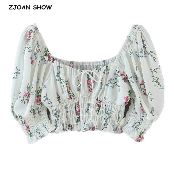 

elastic ruched floral print tank women summer short puff sleeve square collar crop high waist tees 210429, White