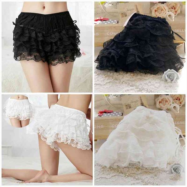 

womens elastic waist lace shorts lolita casual bow shorts bottoming culottes basic panties scanties, White;black