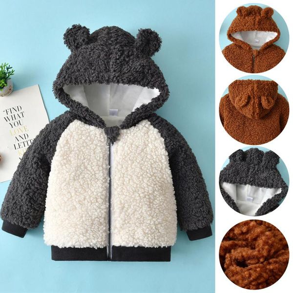 

hoodies & sweatshirts children boys girls hooded sweatshirt coat winter warm wool zipper pockets cotton color matching bear ears outwear clo, Black