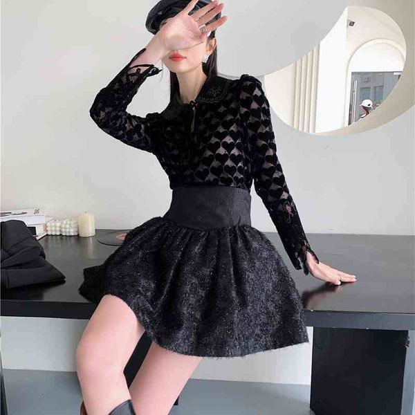 

women's knits & tees peter pan collar blouse see through mesh long sleeve embroidered heart women bodycon ladies designer xmgp, White