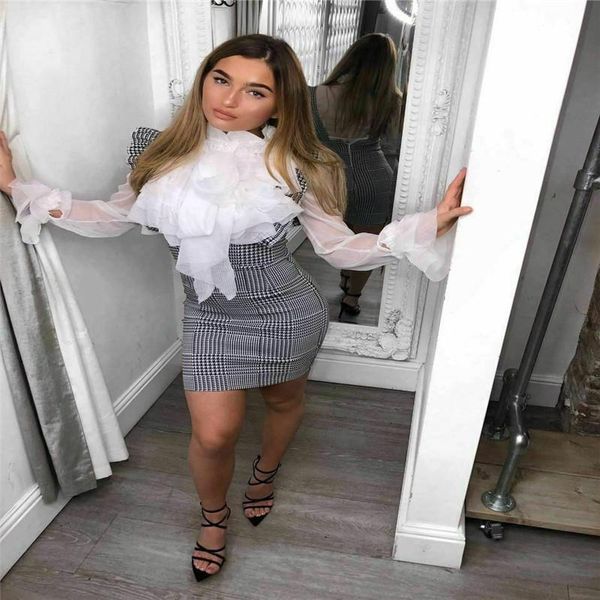 

plus size plaid high waist womens skirts ruffles slim bodycon preppy style check frill zipper mini 2styles, Black