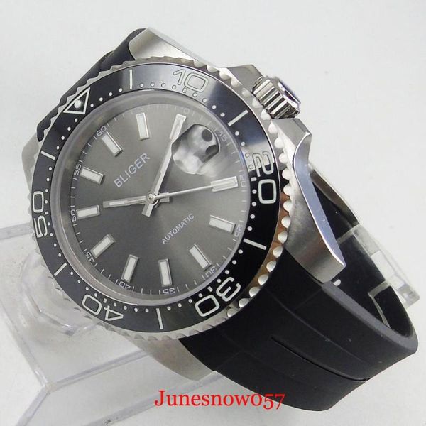 

wristwatches grey mechanical men watch sapphire glass miyota movement rubber band rotating bezel date window, Slivery;brown