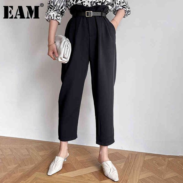 

[eam] high elastic waist black pleated casual trousers loose fit harem pants women fashion spring autumn 1dd7333 210512, Black;white