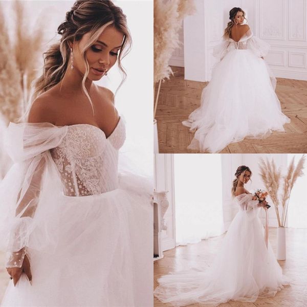 

fairy boho wedding dresses detachable long puff sleeve bride gowns vintage lace beach brides dress plus size corset back sweet tulle a line, White