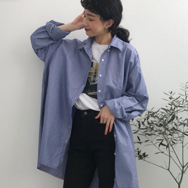 

women's blouses & shirts [ewq] women korea chic casual fashion lapel single-breasted striped loose blue long-sleeved shirt summer 2021, White