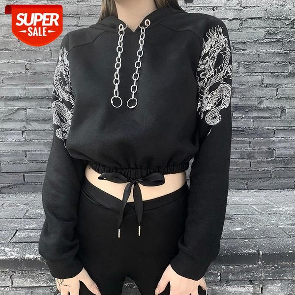 

women chic fashion hooded sweatshirt dragon pattern long sleeve chain drawstring elastic hem loose casual hoodies pullover #rl4i, Black