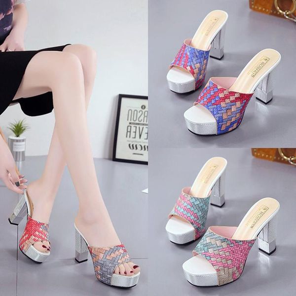 

slippers mixed color platform shoes super high heels shallow summer women wedges peep toe slides 2021 european femme flip flops, Black