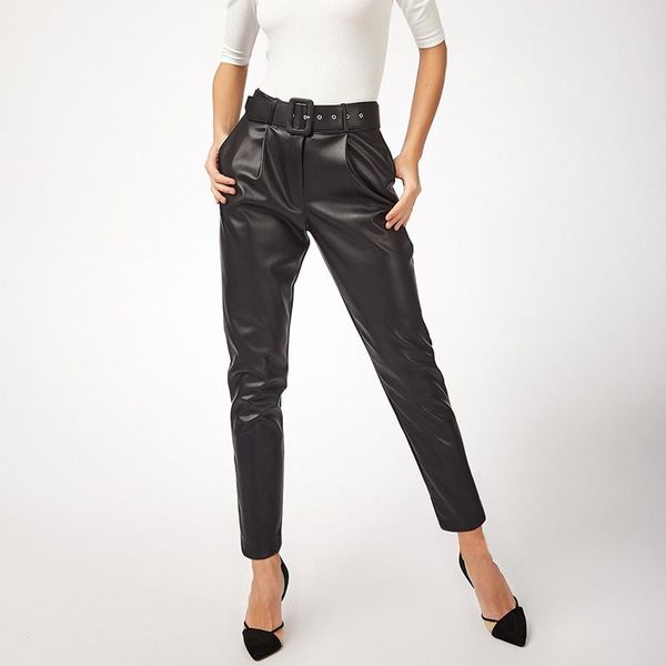 

women's pants & capris women black faux leather with belt high waist sashes pockets office ladies pu long harem trousers pantalons, Black;white