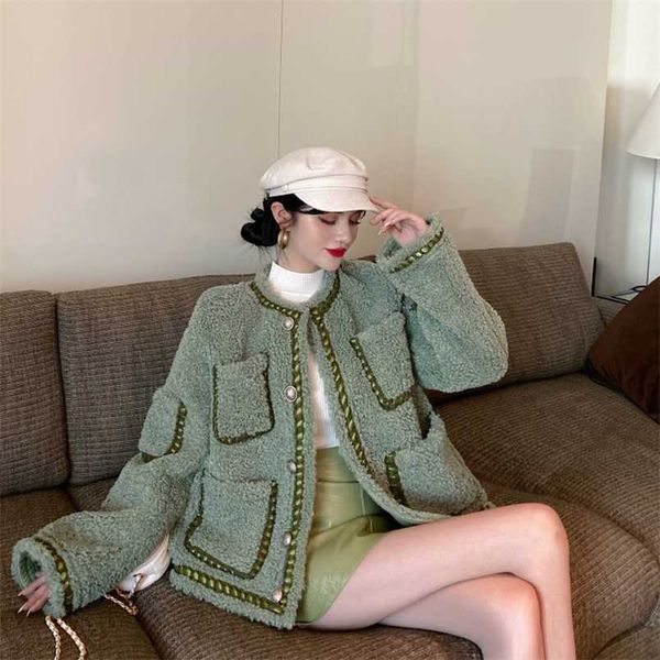 

little fragrance loose woolen coat women autumn winter temperament plush coat ladies retro sweet fashion thick 211118, Black