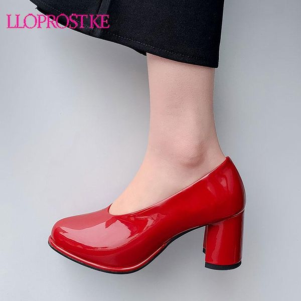 

dress shoes lloprost ke heels women pumps patent leather thick high heel glove fashion round toe female red plus size 34-48, Black
