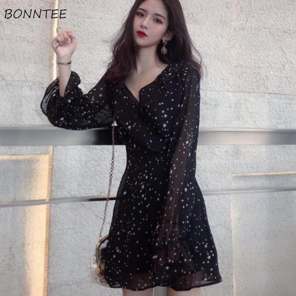 

casual dresses long sleeve women chiffon all-match printing summer simple thin students fashion aesthetic street style female bf, Black;gray