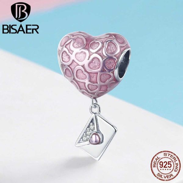 BISAER 925 Sterling Silver Pink Heart Love Lettera Busta Charms Perline misura Bracciali Creazione di gioielli fai da te ECC1080