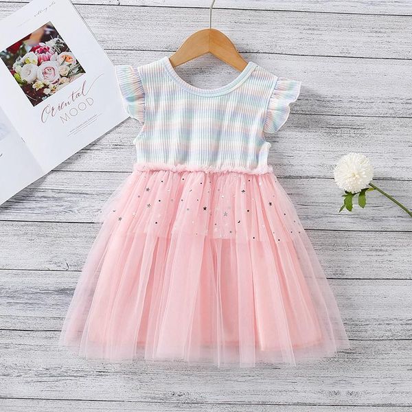 

baby girls summer cute striped princess puff dress with rainbow stripe short sleeve mesh girl's dresses, Red;yellow
