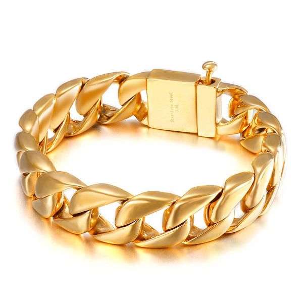 

charm bracelets haolynjoy 15mm wide gold color wrist band cuban chain men's stainless steel bracelet jewelry, Golden;silver