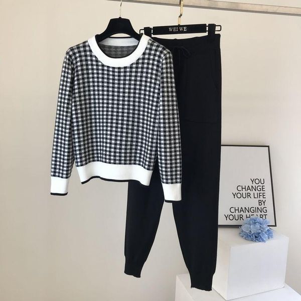 

women's two piece pants korea fashion plaid knitted 2 sets outfits o neck pullover sweater black pencil streetwear casual tracksuit, White