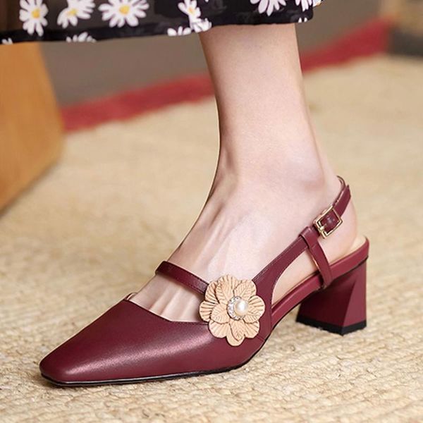 

brand 2021 elegant sweet flower office lady chunky heels genuine leather natural skin slingback women summer sandals shoes, Black
