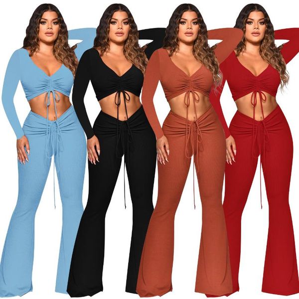 

women's two piece pants autumn winter drawstring set women fashion solid long-sleeved v-neck tshirt flared trousers 2, White