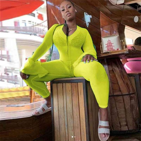 Neongrün-Rosa-Mesh-Body mit langen Ärmeln, figurbetont, dünner Strampler, tiefer V-Ausschnitt, sexy Clubwear-Outfits, komplette Overalls 210517