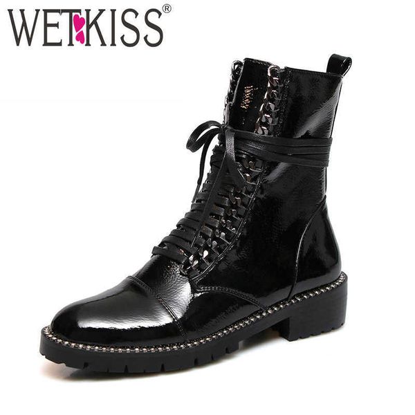 

wetkiss patent leather women ankle boots round toe rivet footwear low heels motorcycle boots platform shoes woman winter 210630, Black