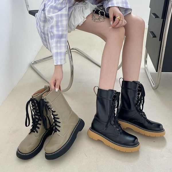 

boots monmoira 2021 brand design mixed colors chunky platform women lace up cross-tied rivets mid-calf, Black