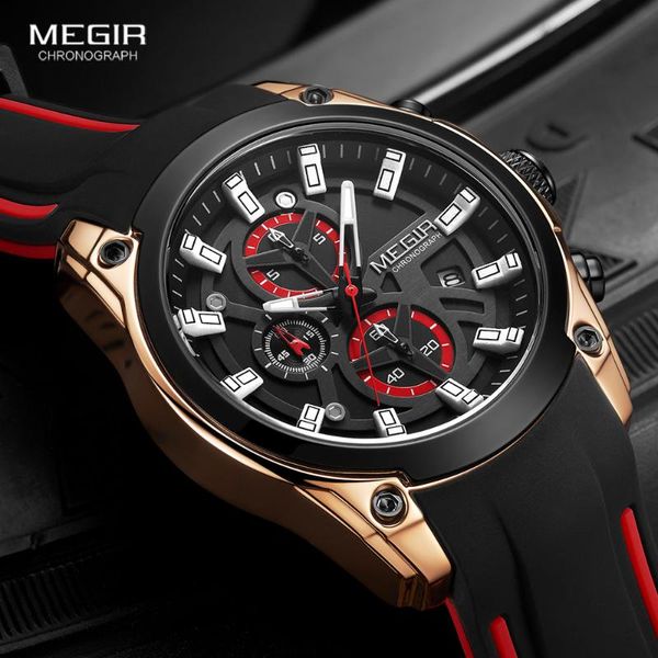 

wristwatches megir fashion watches men silicone strap chronograph quartz watch luxury brand military sport wristwatch luminous waterproo, Slivery;brown