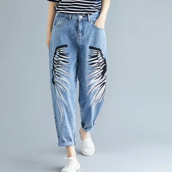 

mom jeans women denim pants high waist casual trousers plus size loose fashion print harem mujer female women's, Blue
