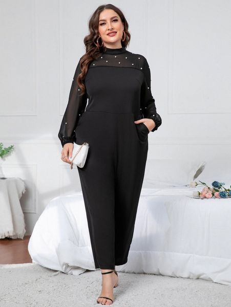 

plus pearls beaded contrast mesh zipper back jumpsuit c6gd#, Black