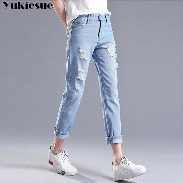 

winter ripped jeans woman high waist boyfriend jeans for women plus size blue black white denim mom jeans pants trousers 210519