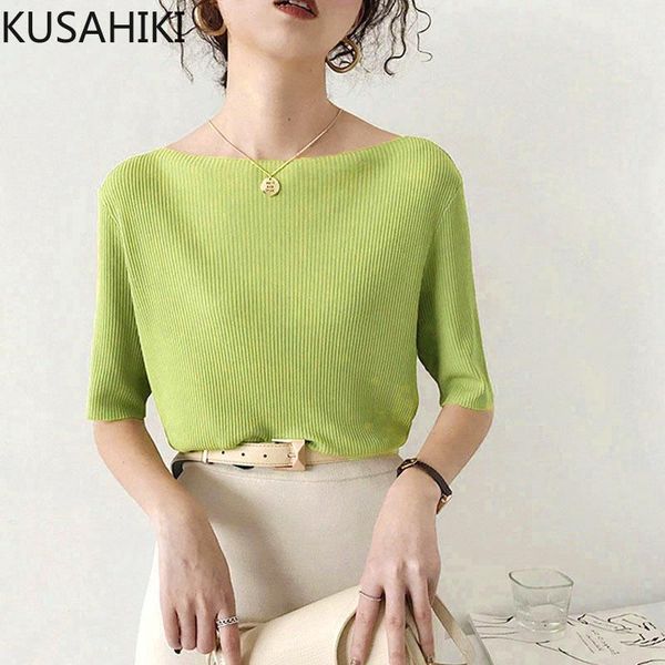 

women's t-shirt kusahiki 2021 summer knitwear slash neck korean causal knitted tee women half sleeve elegant graphic t shirt 6e746, White