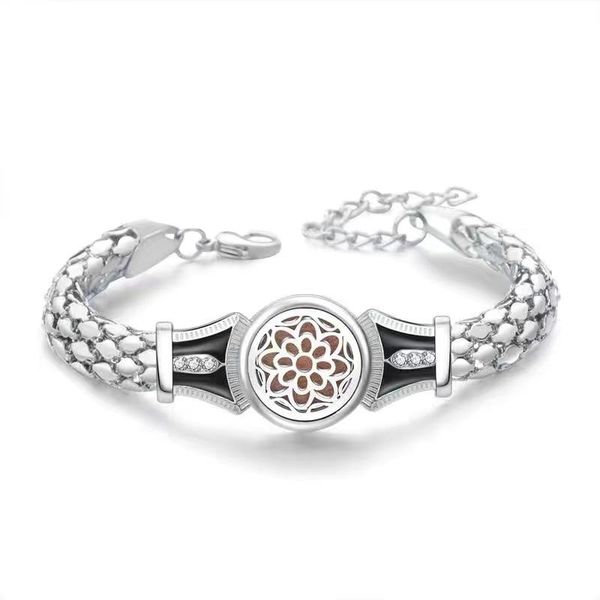 

link, chain stainless steel bracelet locket flower adjustable perfume essential oil diffuser bangle magnetic for women, Black