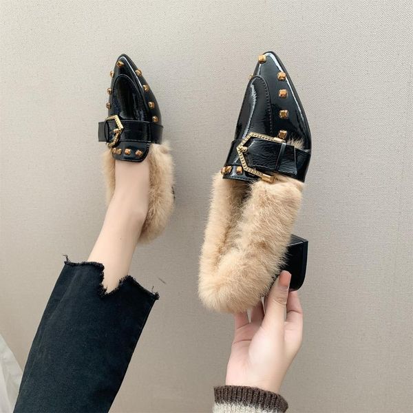 

dress shoes 2021 spring est leather low heels chunky pumps pointed toe slip on fashion rivet studded, Black