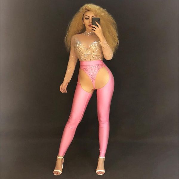 

women's jumpsuits & rompers women mesh glisten transparent silver pink stitching jumpsuit celebrate stretch outfit shiny rhinestone sin, Black;white