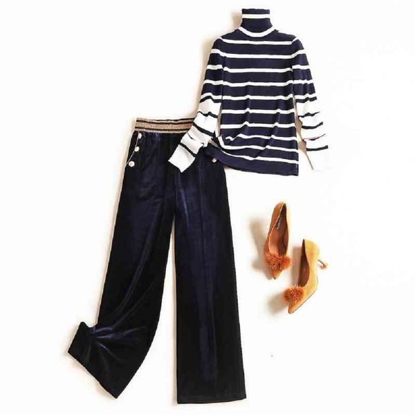 

women's two piece pants women autumn winter velvet pant suit elastic waist wide leg pants sets + turtleneck knitted striped sweater two, White