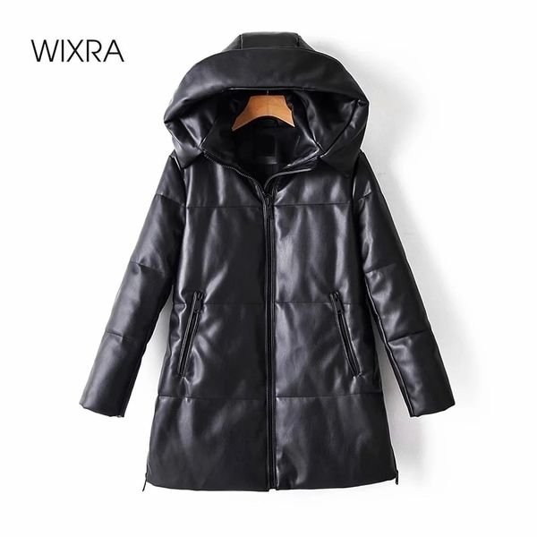 

wixra solid pu leather cotton jacket hooded womens fashion leather long coats ladies waterproof thick jackets female winter, Black
