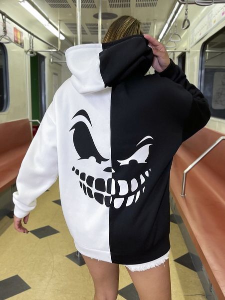 

two tone halloween print drawstring hoodie w4b3#, White;black