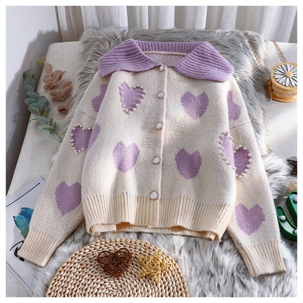 

tees cardigans female winter turn down collar pearl beads sweet heart beautiful sweater kawaii cardigan kinited s 211e, White